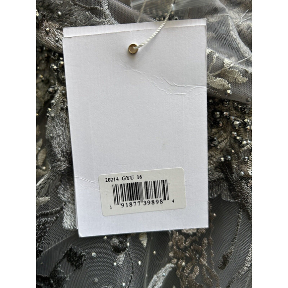 Mac Duggal 20214 Long Sleeve Bead Applique Gown Size 16 Grey Multi Floral NWT - Picture 12 of 16